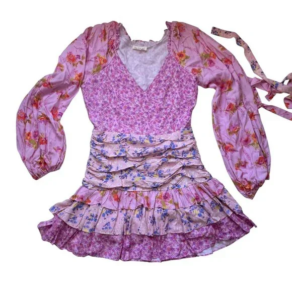 For Love Bell Pink Patchwork Ruffle Mini Dress Boho SZ M - Picture 7 of 16